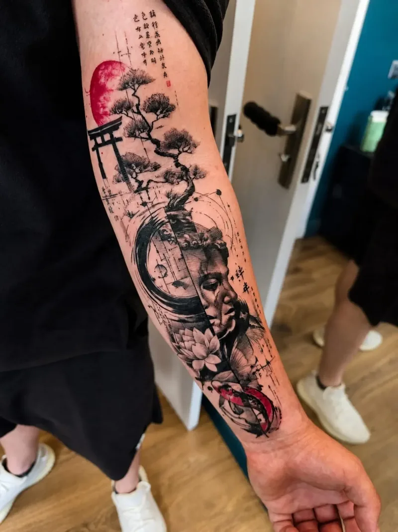Mânecă tatuată cu peisaj și arhitectură